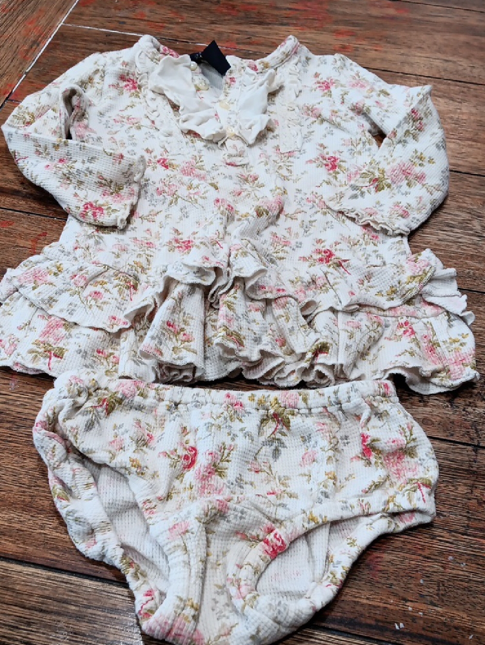 Ralph Lauren Cream Knit Floral Ruffle Top & Bloomers